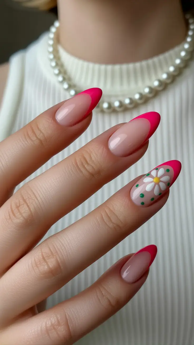 stunning spring nails acrylic 2026 Hot Pink Almond French with Daisy Accent