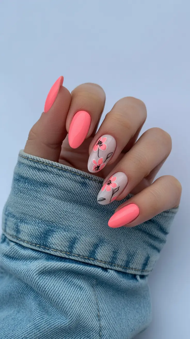 stunning spring nails acrylic 2026 Coral Blossom Almond Spring Acrylic Nails