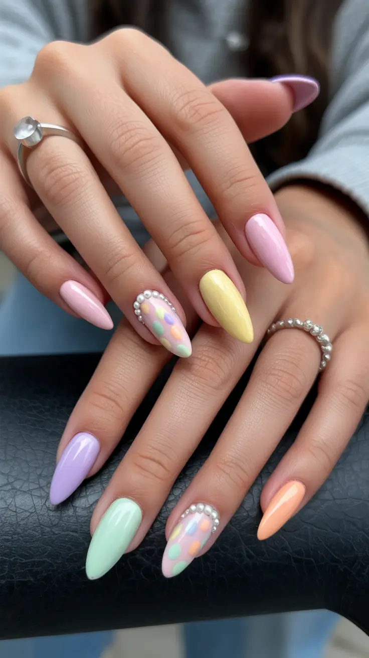 stunning spring nails acrylic 2026 Pastel Almond Acrylic Nails with Polka Dot Accents