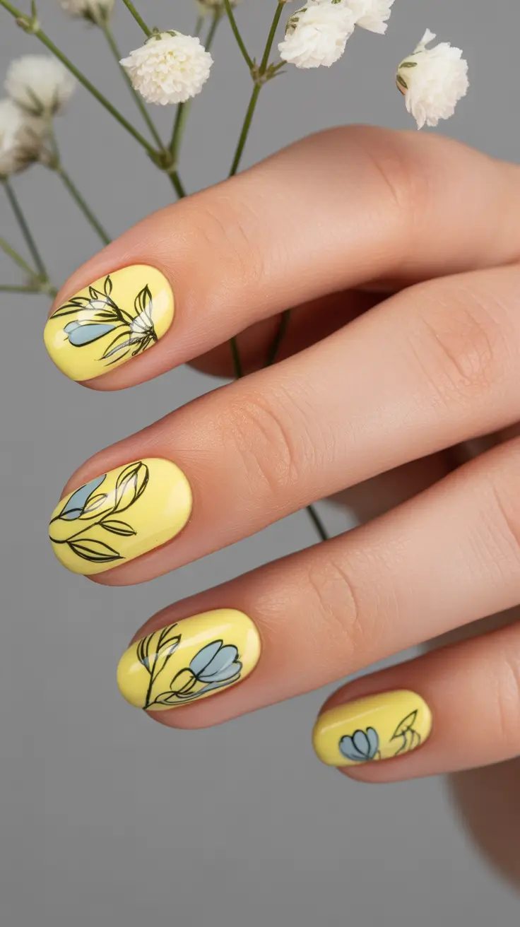 stunning spring nails acrylic 2026 Short Yellow Floral Spring Acrylic Nails
