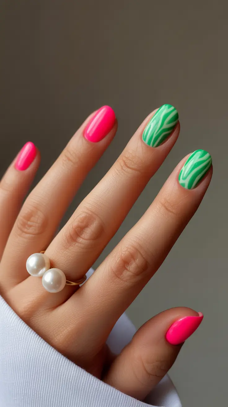 stunning spring nails acrylic 2026 Neon Pink and Green Almond Spring Acrylic Nails