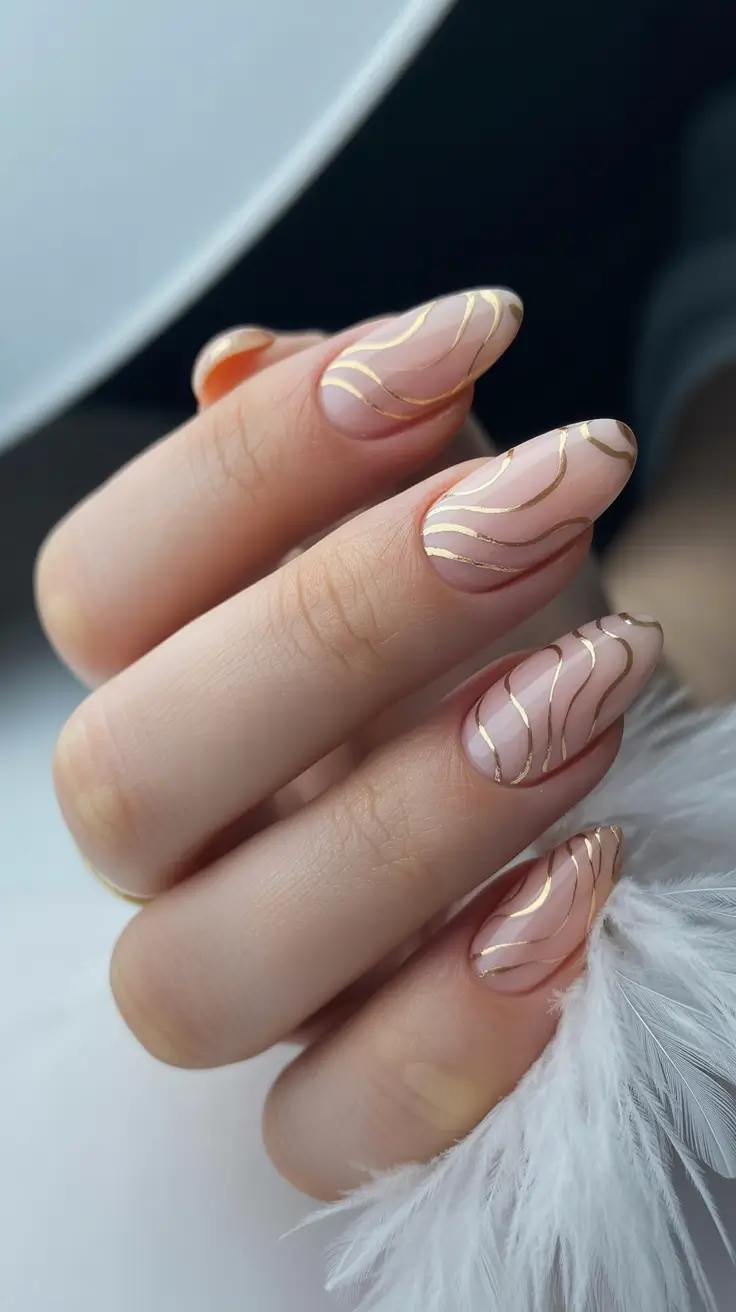 stunning spring nails acrylic 2026 Elegant Nude Almond Acrylic Nails with Gold Waves