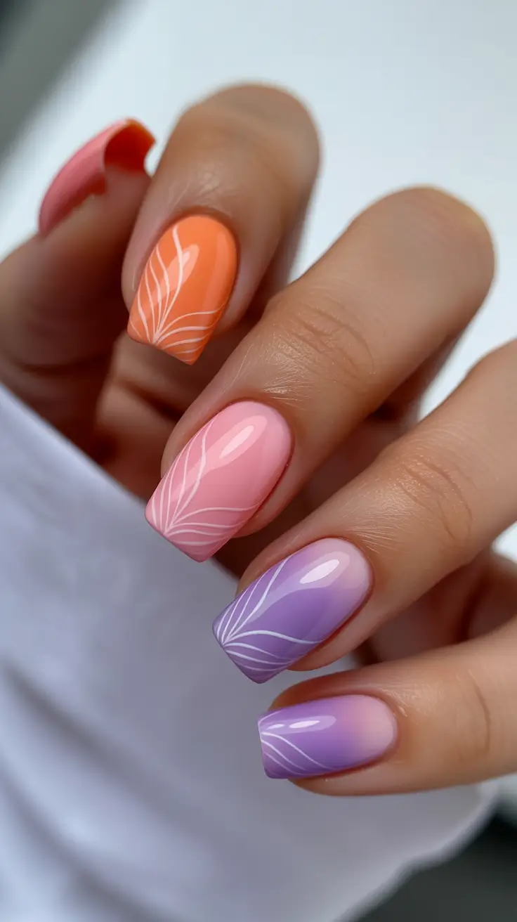 stunning spring nails acrylic 2026 Pastel Ombre Square Acrylic Nails with Soft Line Art