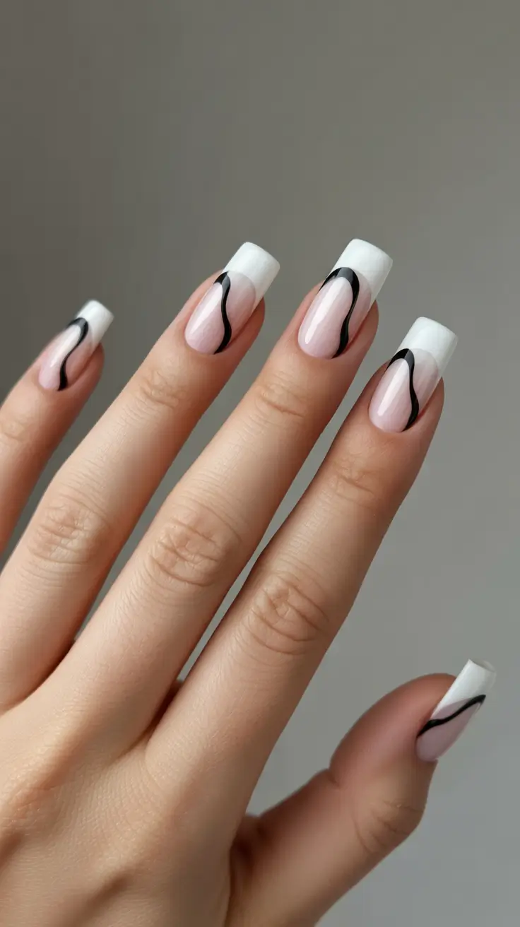 stunning spring nails acrylic 2026 Modern Graphic French Acrylic Square Nails