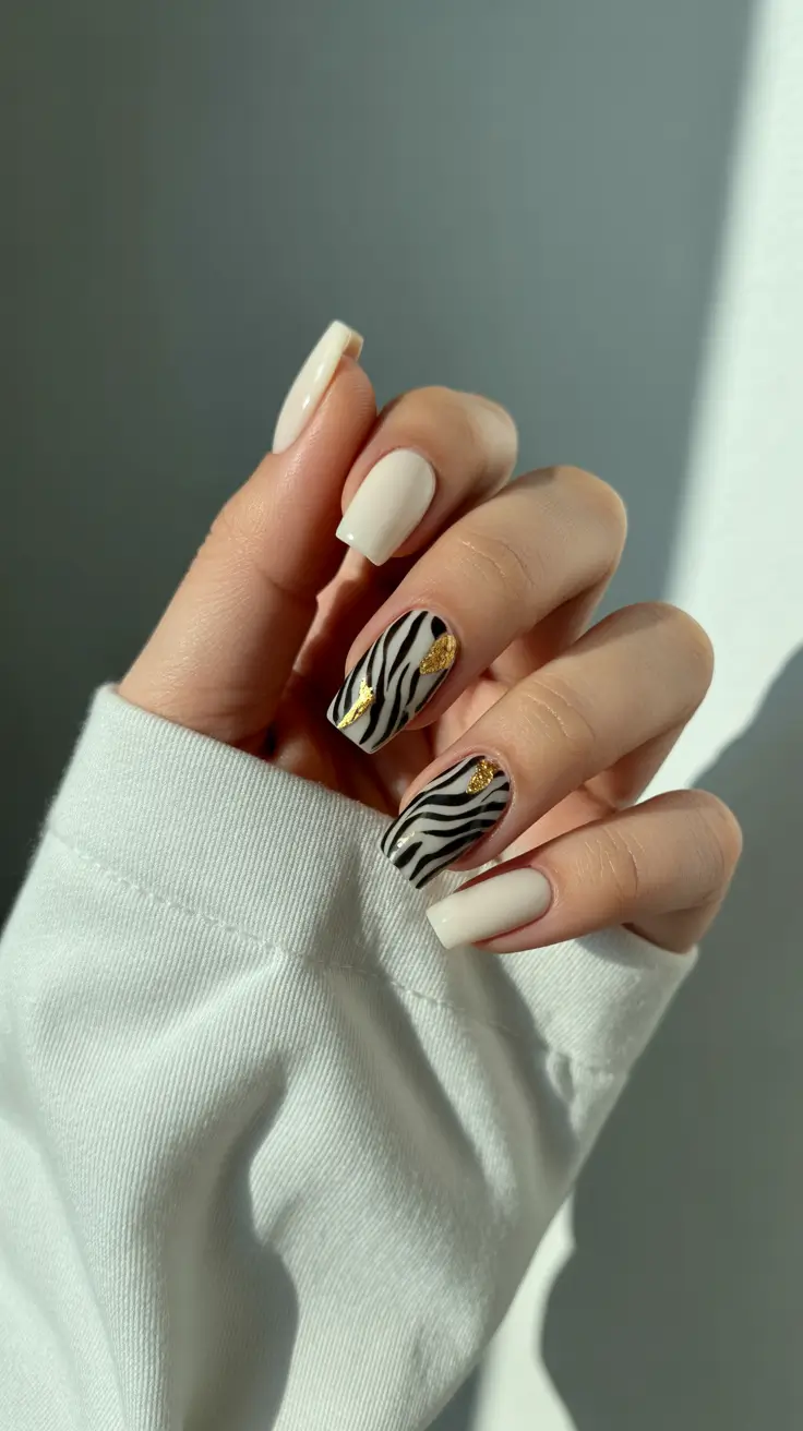 stunning spring nails acrylic 2026 Neutral Zebra Acrylic Nails with Gold Accents
