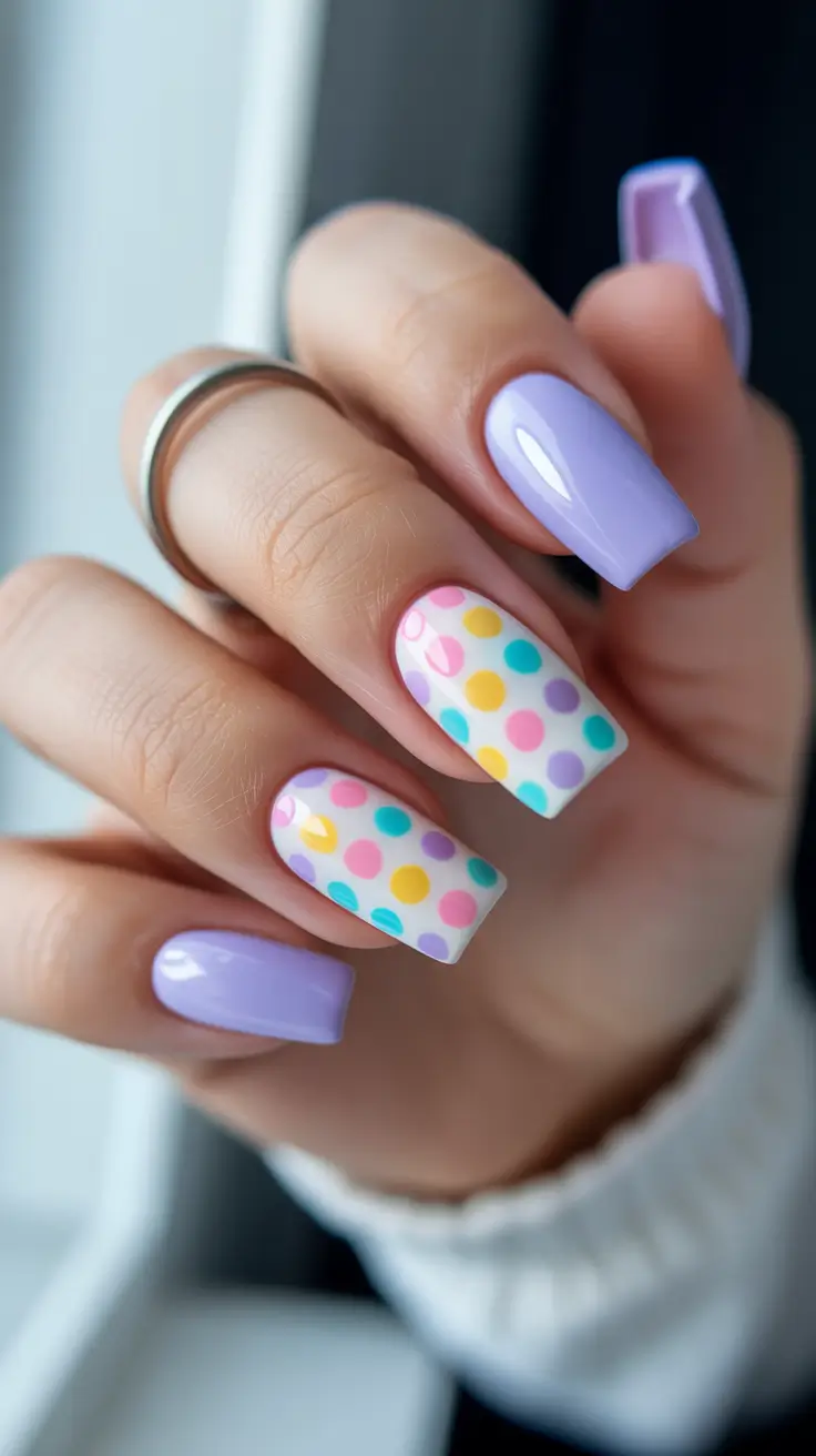 stunning spring nails acrylic 2026 Playful Pastel Polka Dot Square Acrylic Nails