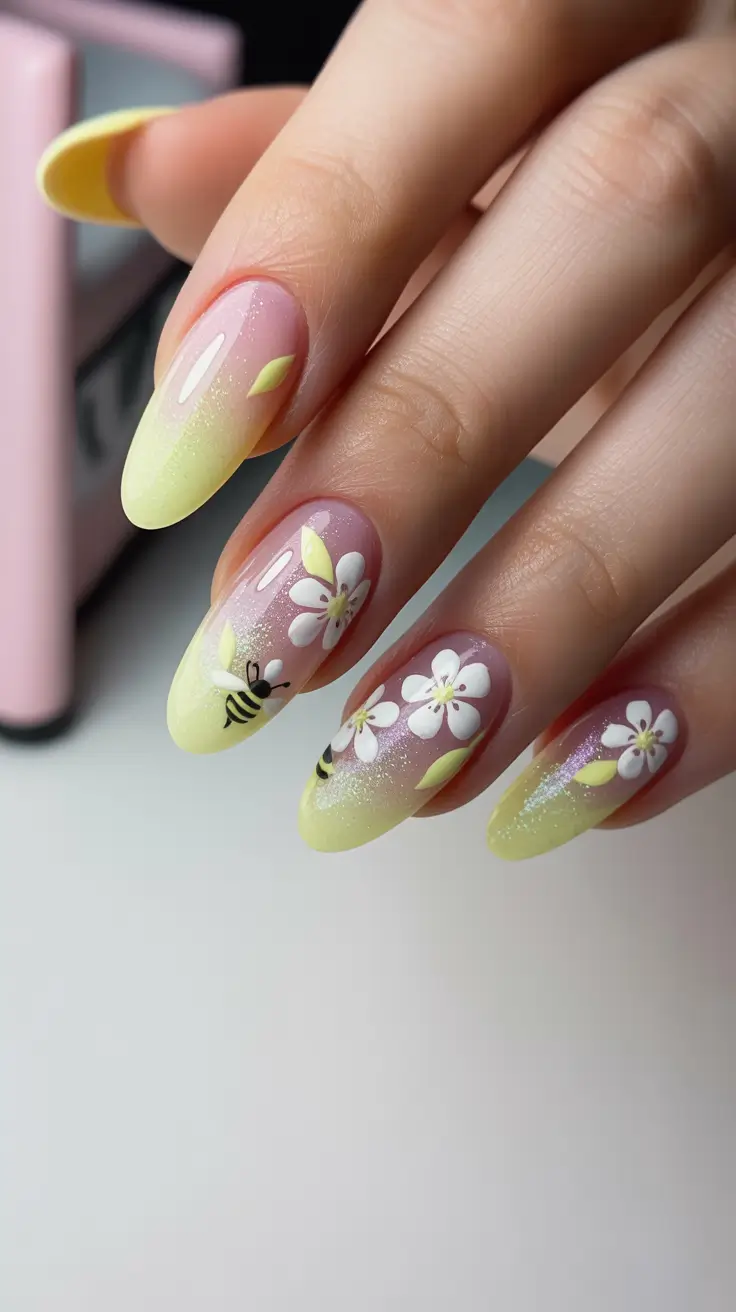 stunning spring nails acrylic 2026 Lemon Blossom Almond Acrylic Nails with Bees