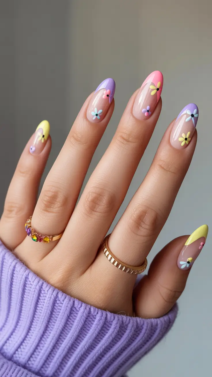 stunning spring nails acrylic 2026 Pastel Daisy Almond Nails with Soft Spring Colors