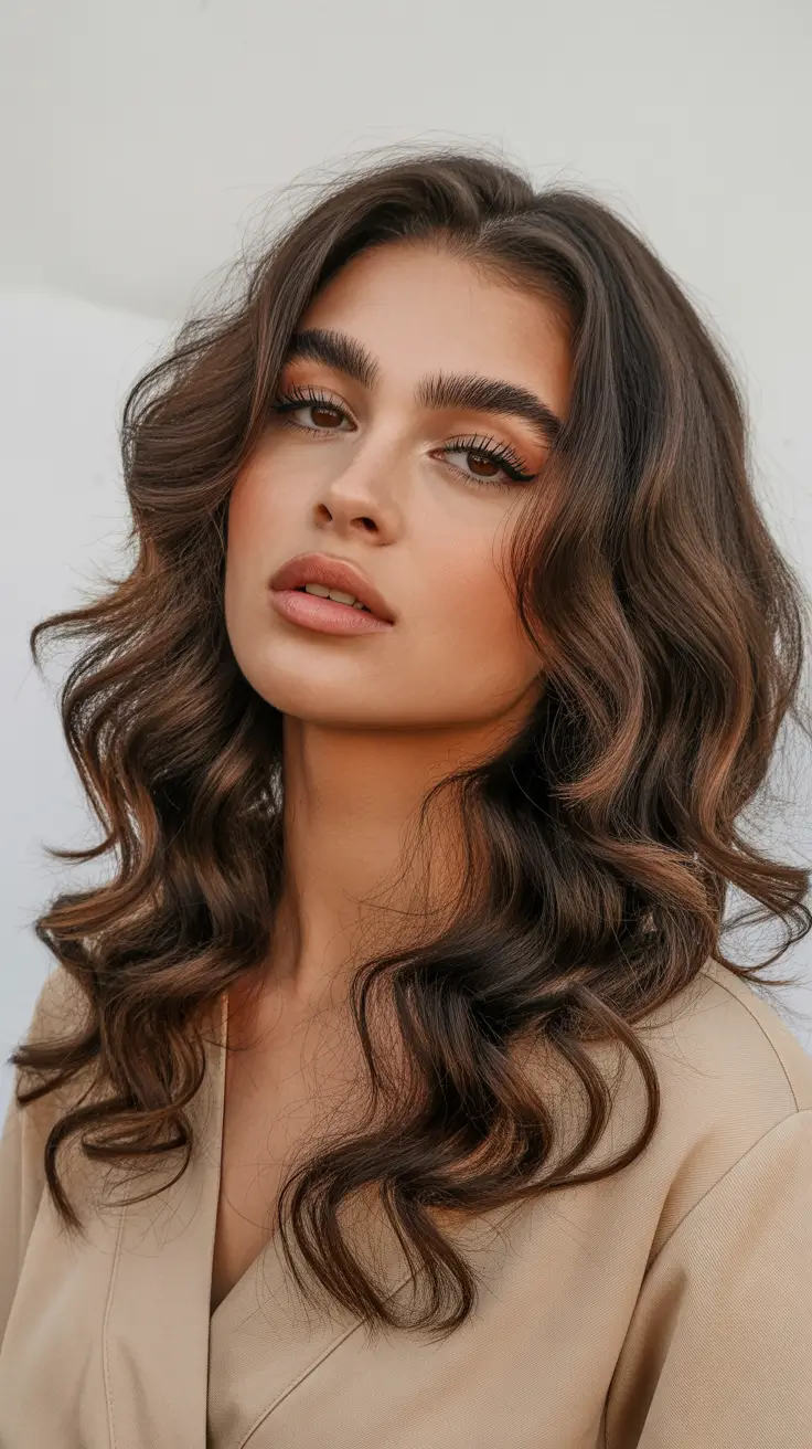 summer hair color ideas for brunettes 2026 dimensional Voluminous Brunette Waves with Subtle Highlights