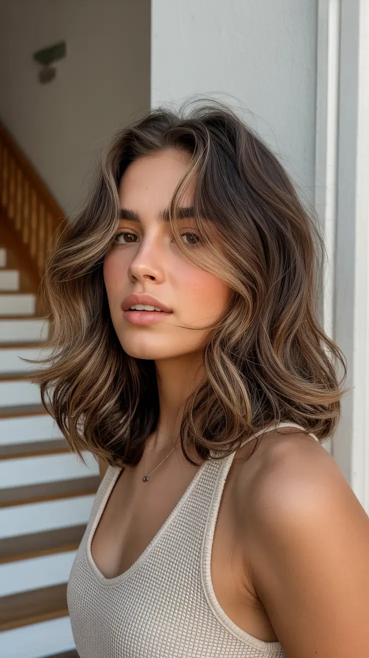 summer hair color ideas for brunettes 2026 dimensional Soft Brunette Lob with Face-Framing Lightness