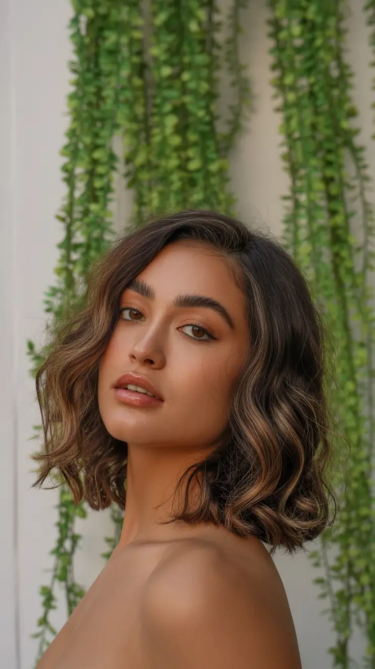 summer hair color ideas for brunettes 2026 dimensional Textured Short Waves with Dimensional Balayage