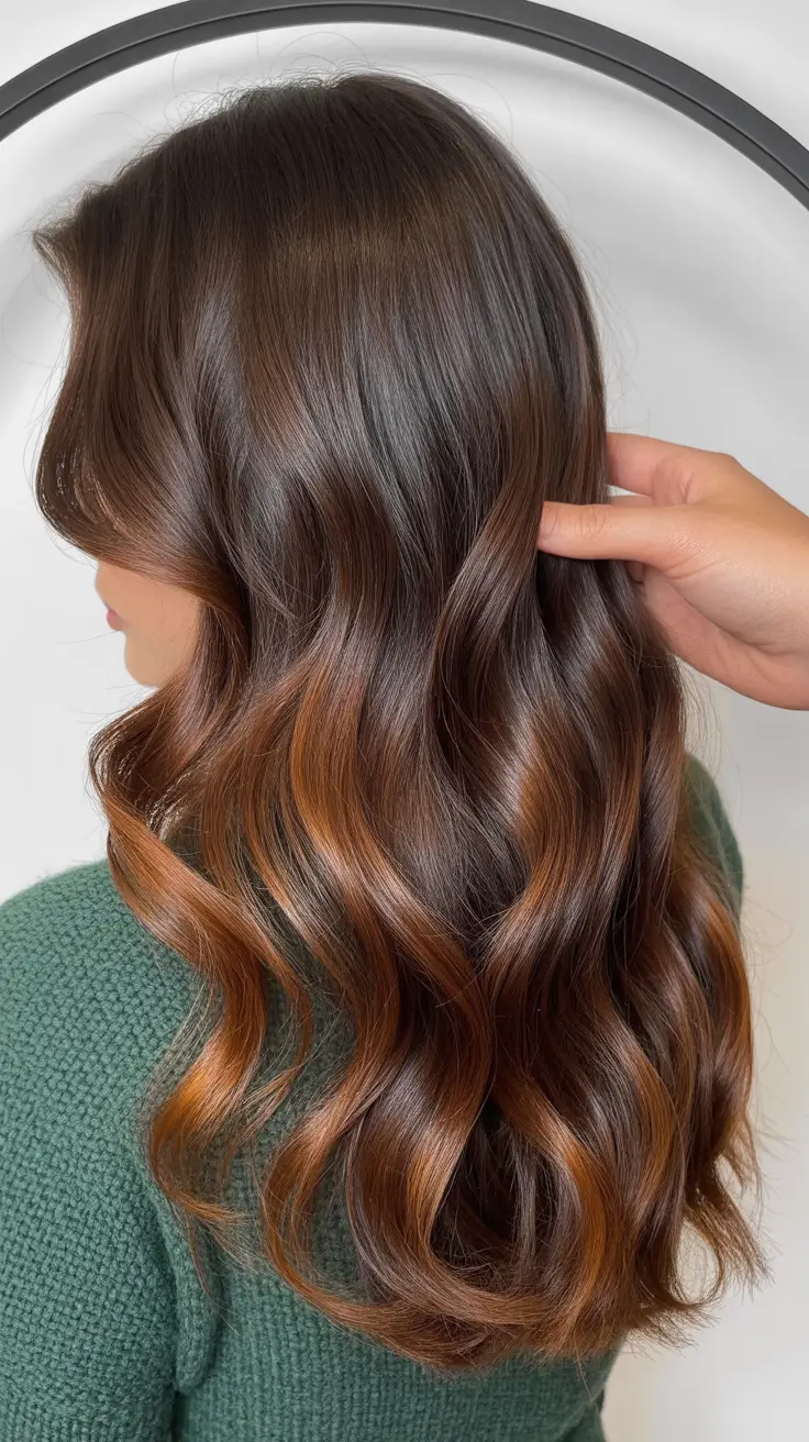summer hair color ideas for brunettes 2026 dimensional Long Chocolate Waves with Copper Balayage Glow