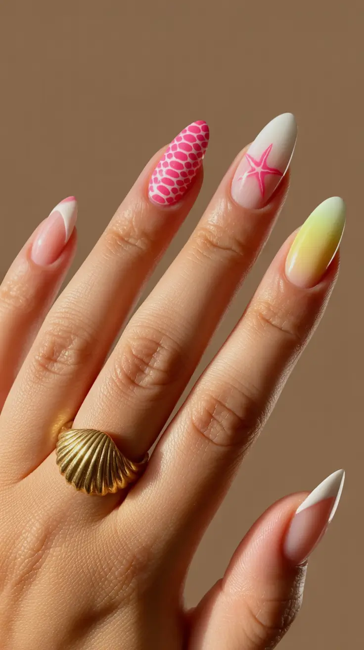 summer nail inspo almond shape Pink Ocean Mix with Starfish and Soft Gradients