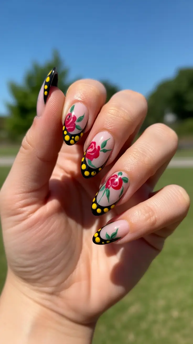 summer nail inspo almond shape Vintage Rose Almond Nails with Graphic Black Tips