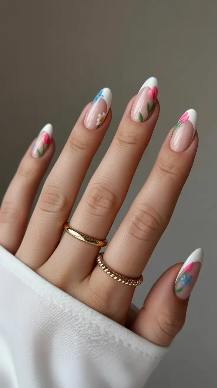 summer nail inspo almond shape Delicate Floral French with a Soft Garden Feel
