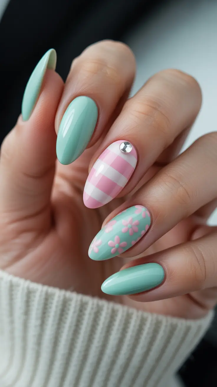 summer nail inspo almond shape Mint and Baby Pink Mix for a Soft Playful Contrast