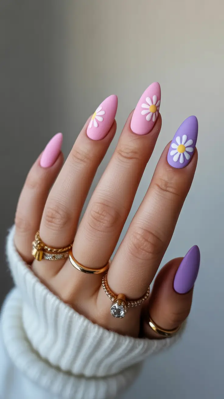 summer nail inspo almond shape Pastel Daisy Almond Nails with a Soft Playful Finish
