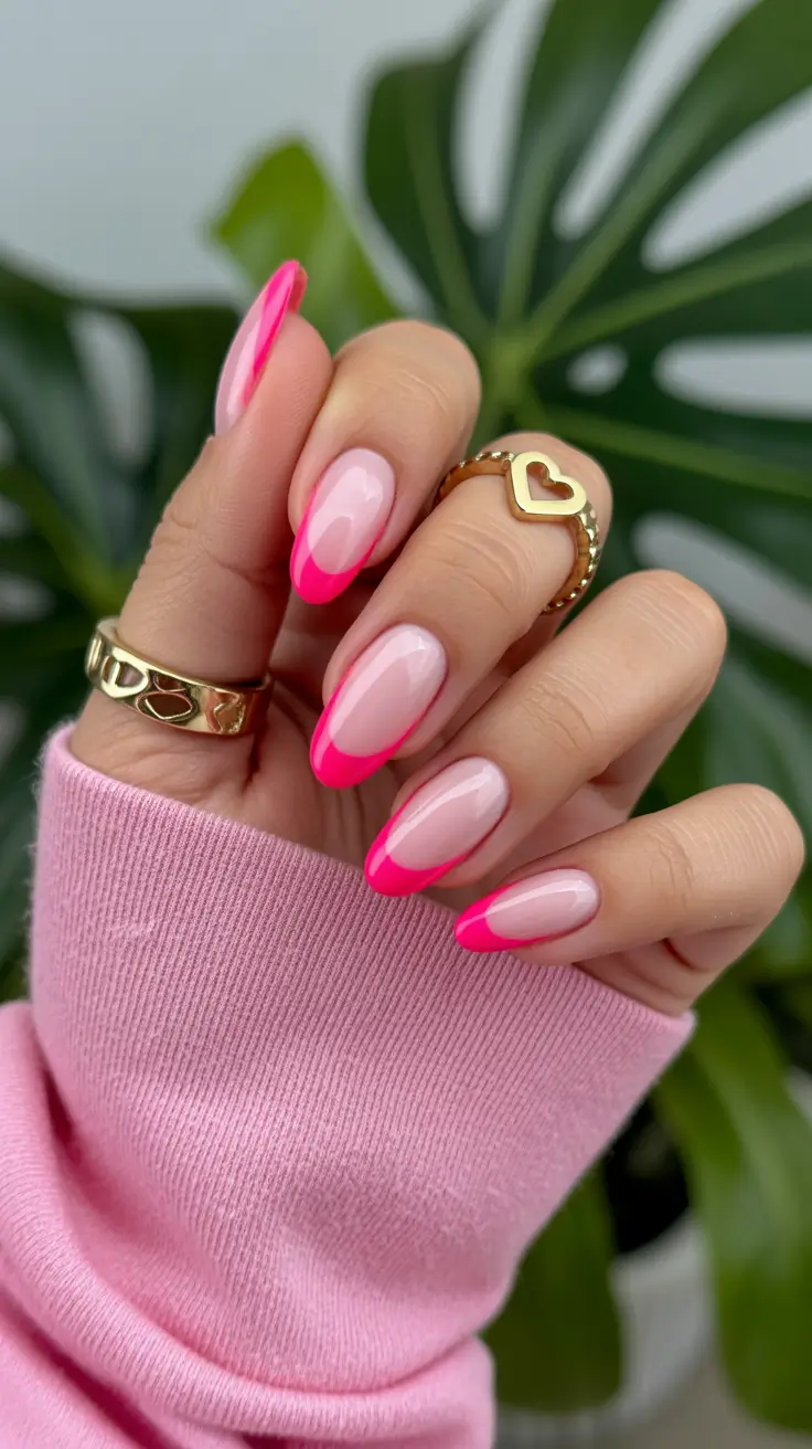summer nail inspo almond shape Glossy Pink French That Feels Instantly Polished
