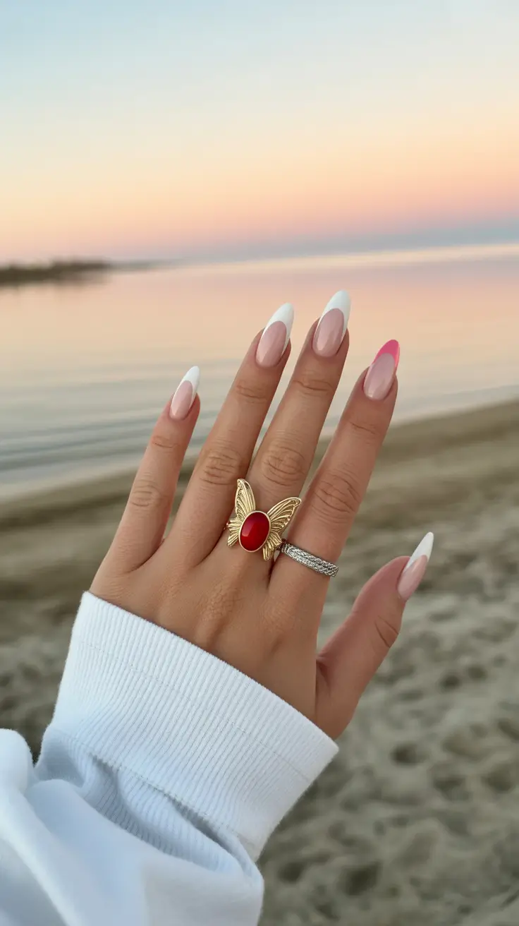 summer nail inspo almond shape Classic White French with a Soft Summer Twist