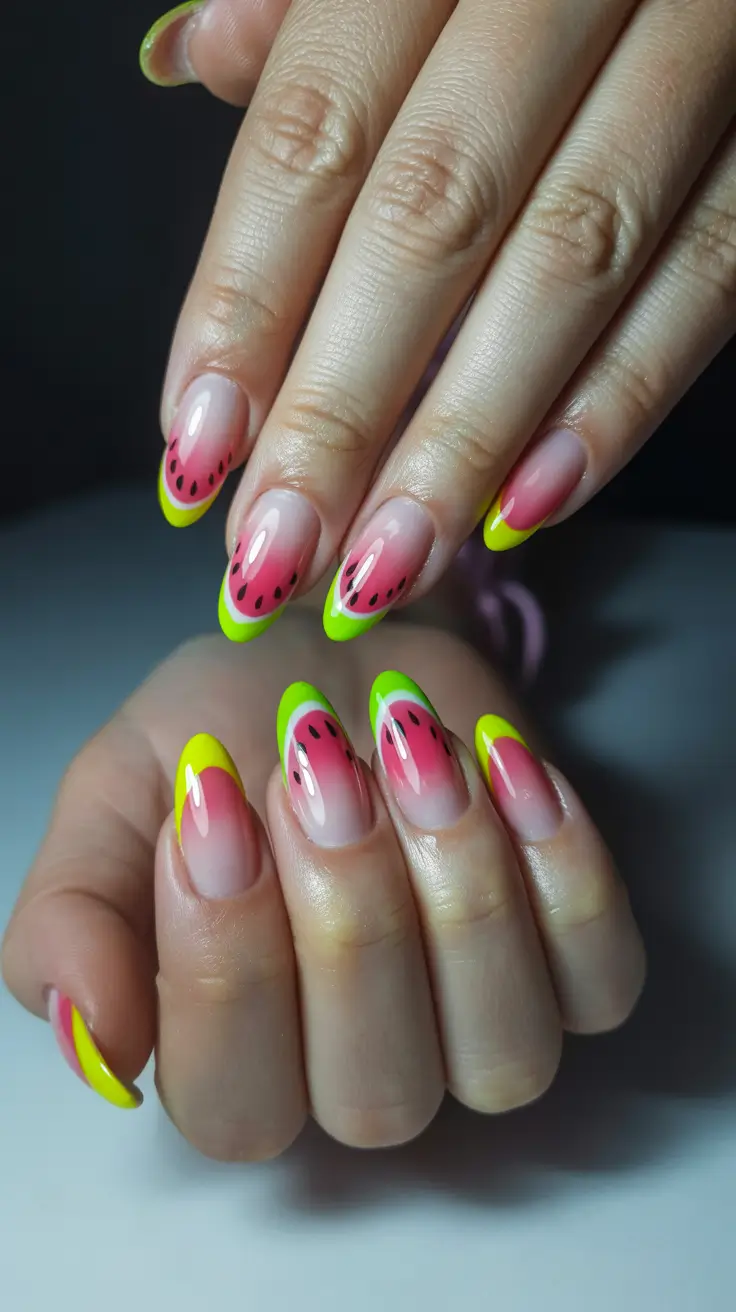 summer nail inspo almond shape Watermelon Almond Nails with Neon Yellow Tips