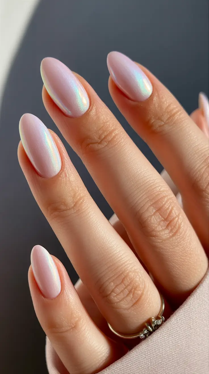 summer nail inspo almond shape Soft Iridescent Pink for That Barely-There Glow