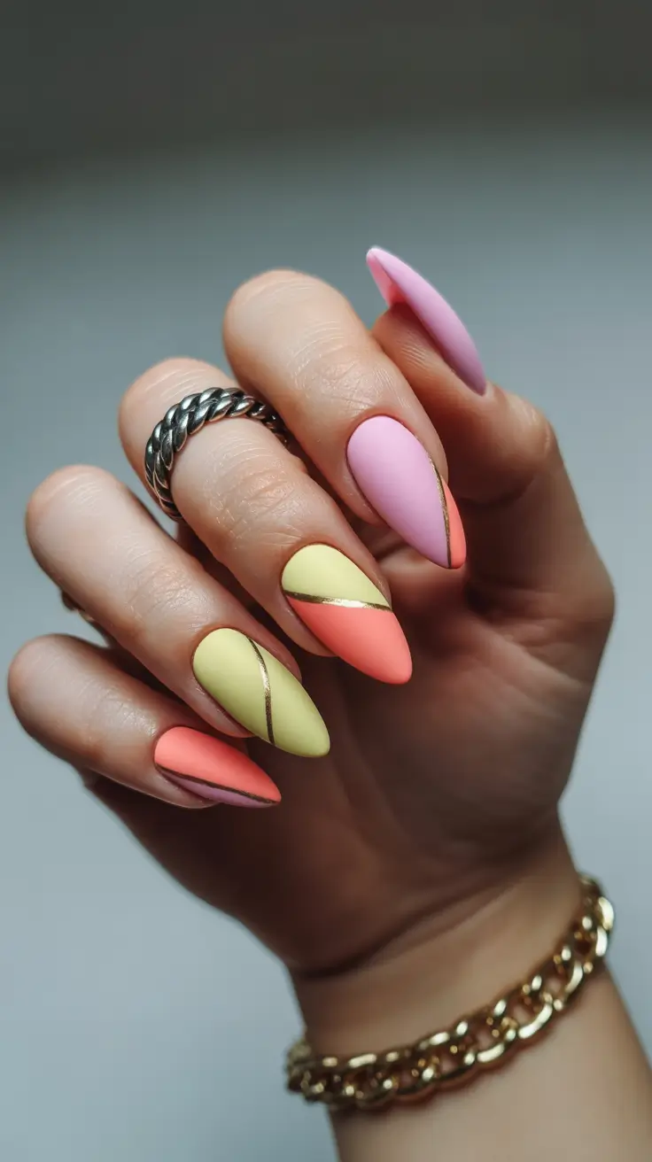summer nail inspo almond shape Color Block Pastel Almond Nails with Gold Details