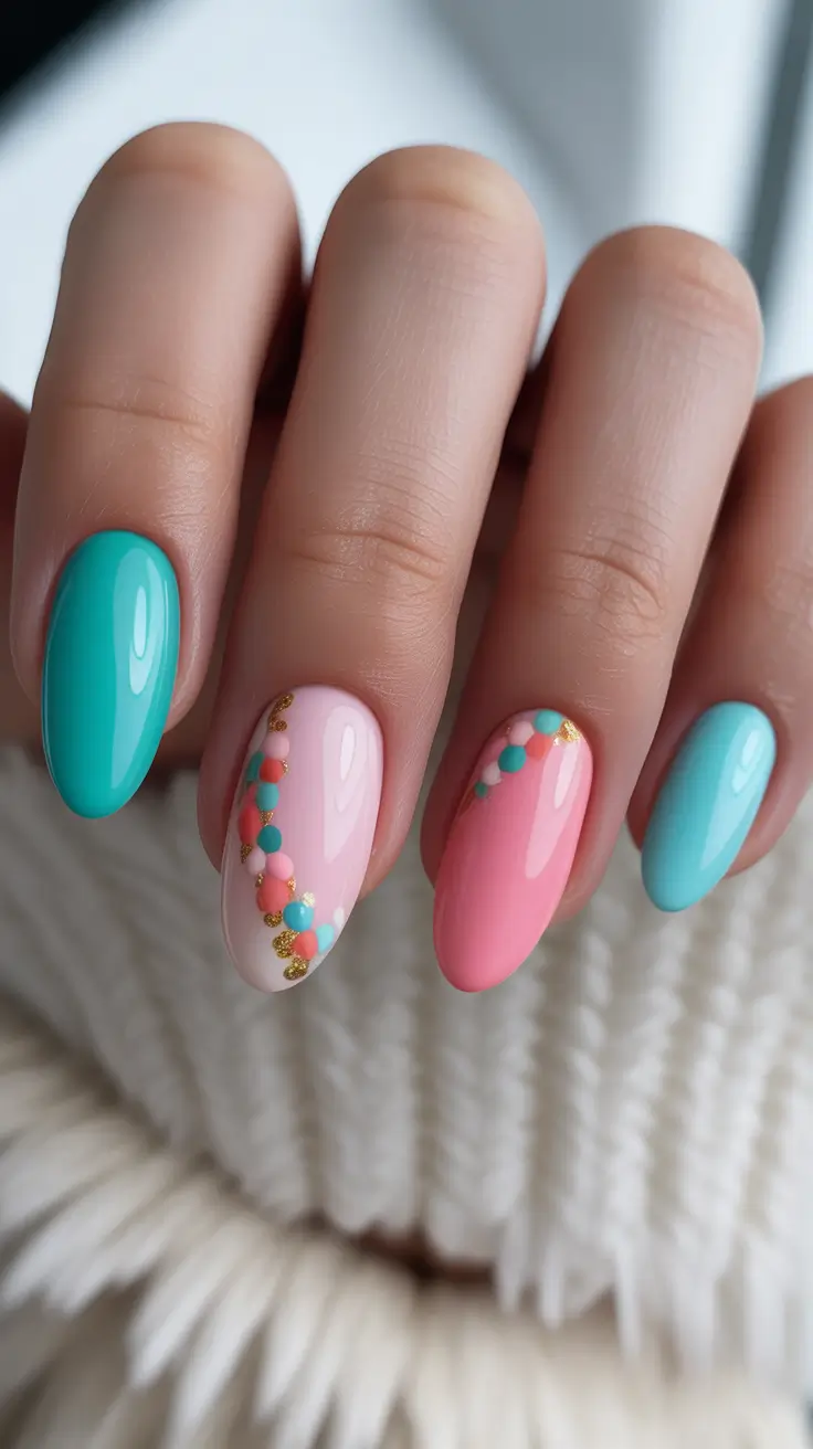 summer nail inspo almond shape Teal and Pink Almond Nails with Playful Dot Details
