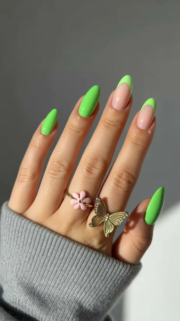 summer nail inspo almond shape Fresh Lime French Tips That Feel Like Summer Air
