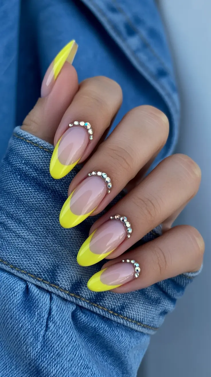 summer nail inspo almond shape Neon Yellow Tips with Crystal Details