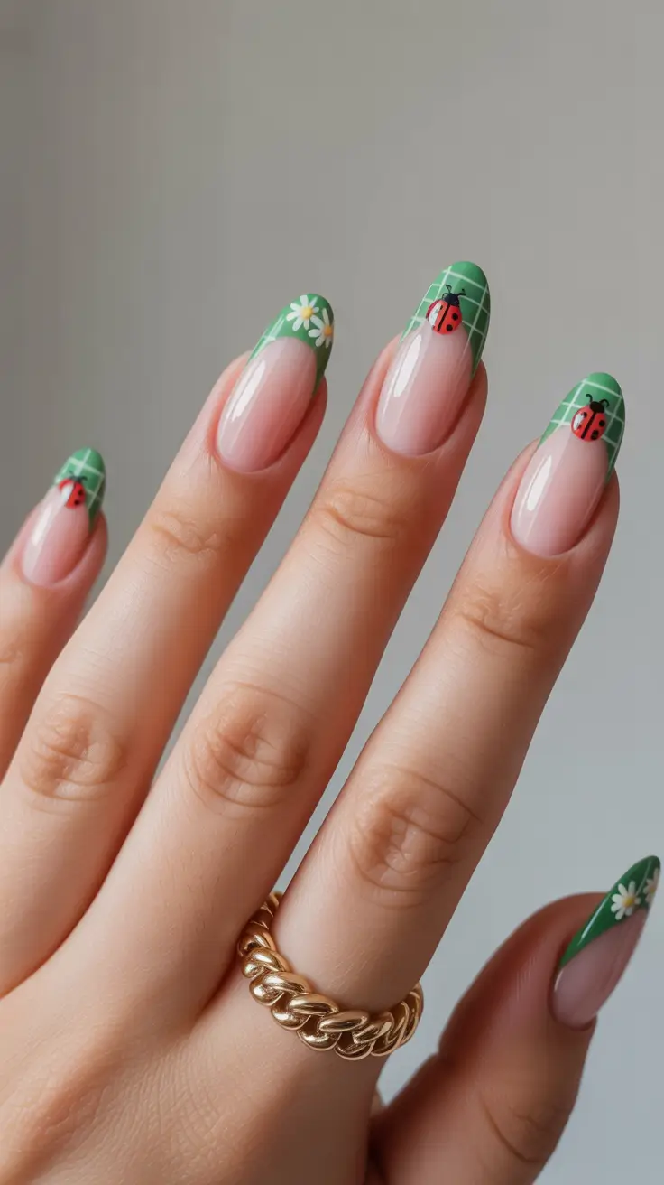 summer nail inspo almond shape Playful Green French with Tiny Garden Details