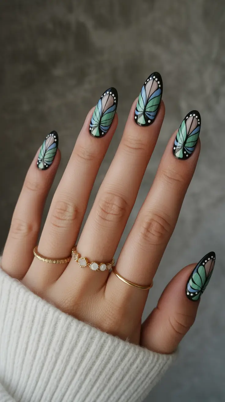 summer nail inspo almond shape Butterfly Wing Nail Art for a Statement Moment