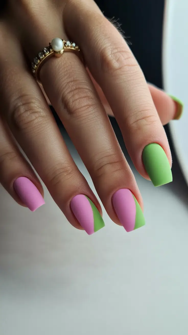 summer short nail inspo 2026 Soft Contrast Duo - Pink Meets Green Energy