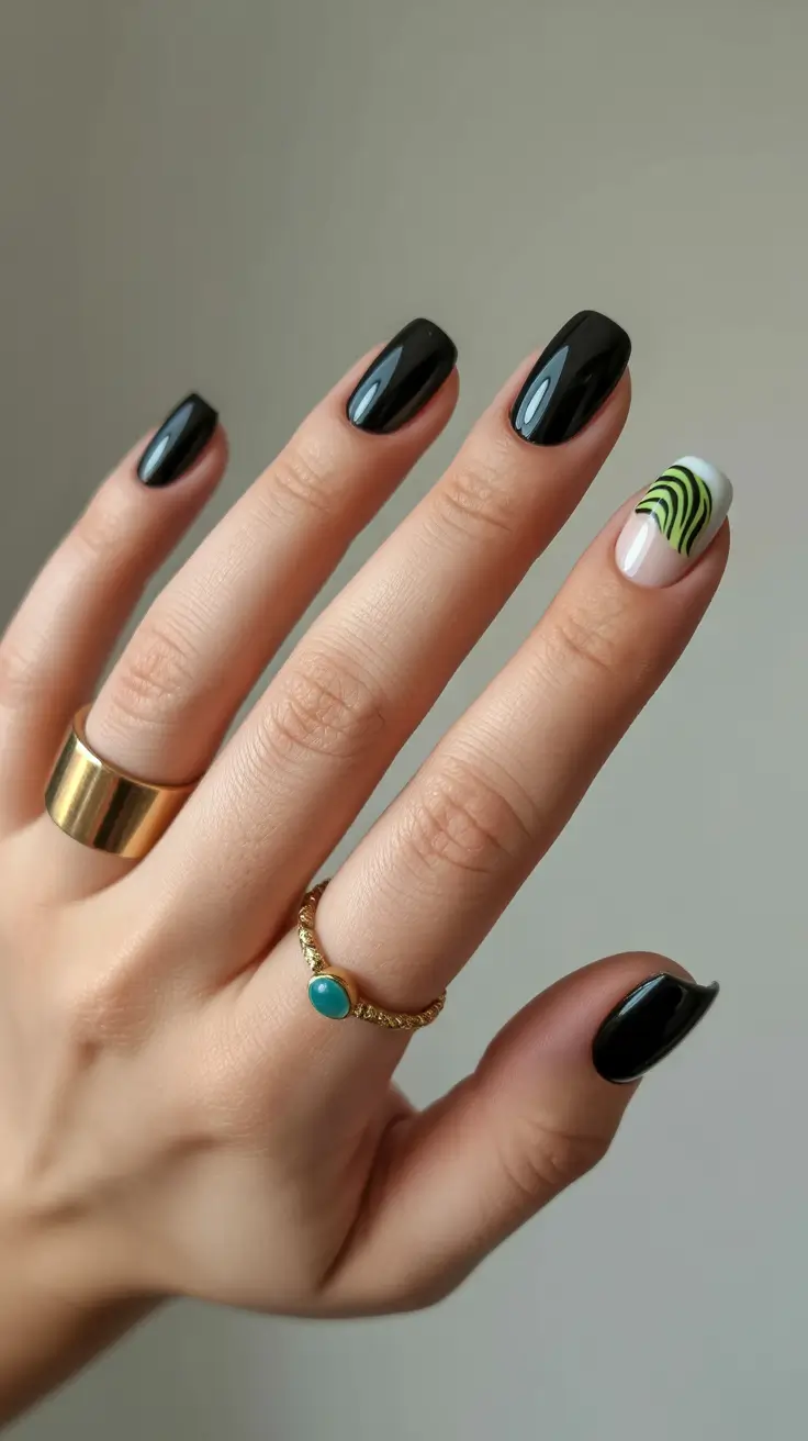 summer short nail inspo 2026 Glossy Black Accent - Minimal with a Neon Pulse