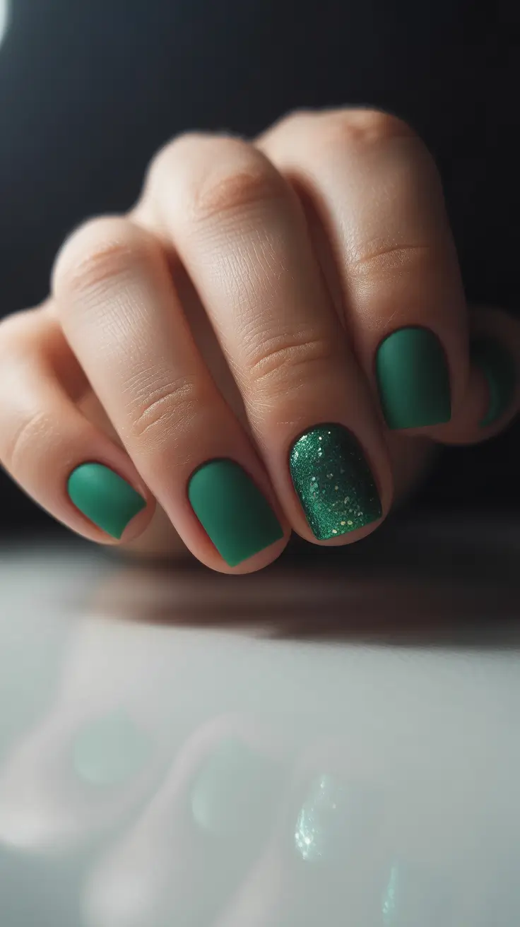 summer short nail inspo 2026 Matte Green Accent - Fresh with a Subtle Sparkle