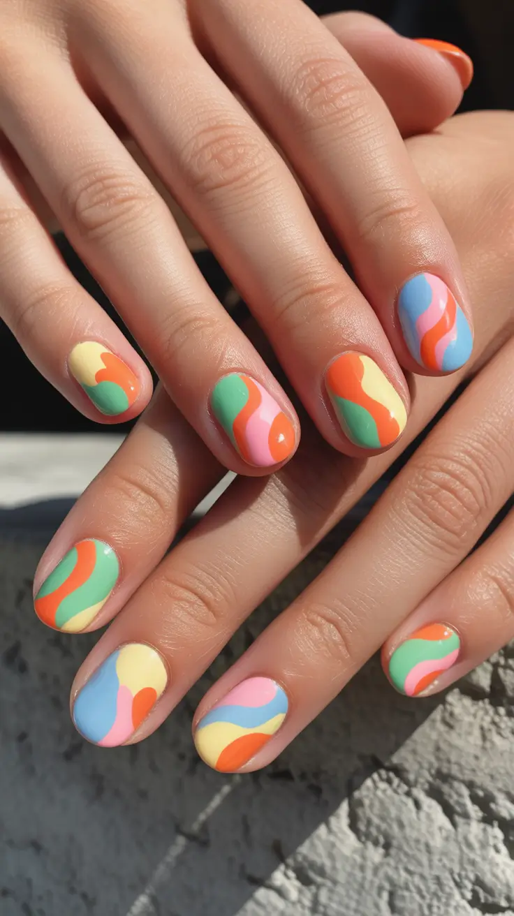 summer short nail inspo 2026 Retro Waves - Colorful Movement That Feels Alive