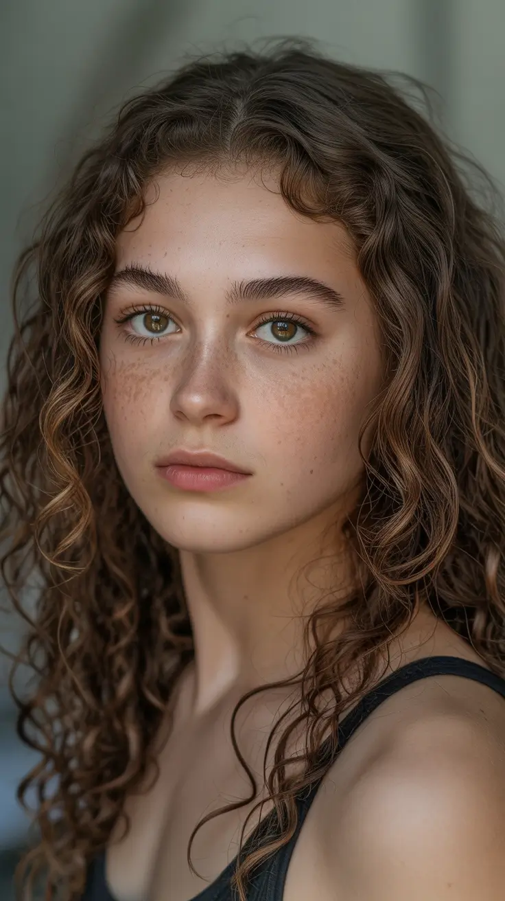 vibrant spring brunette hair color 2026 Freckled Curly Brunette With Sunlit Balayage Highlights