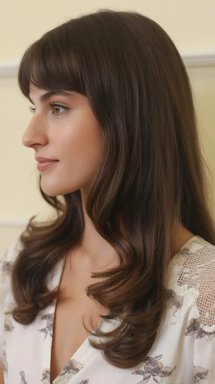 vibrant spring brunette hair color 2026 Soft Layered Brunette With Feathered Bangs and Glossy Warm Depth