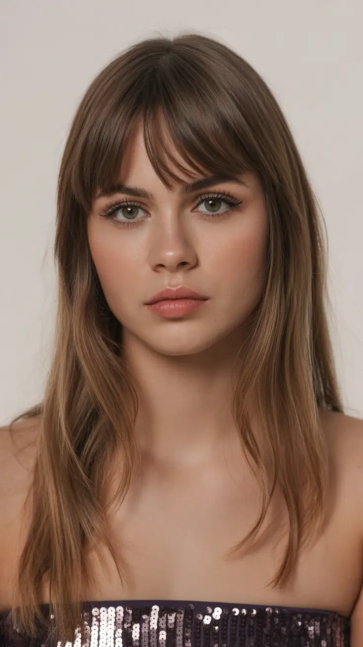 vibrant spring brunette hair color 2026 Bright Brunette With Subtle Copper Undertones and Wispy Bangs