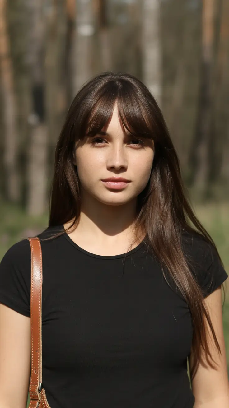 vibrant spring brunette hair color 2026 Deep Straight Brunette With Clean Bangs and Modern Shine