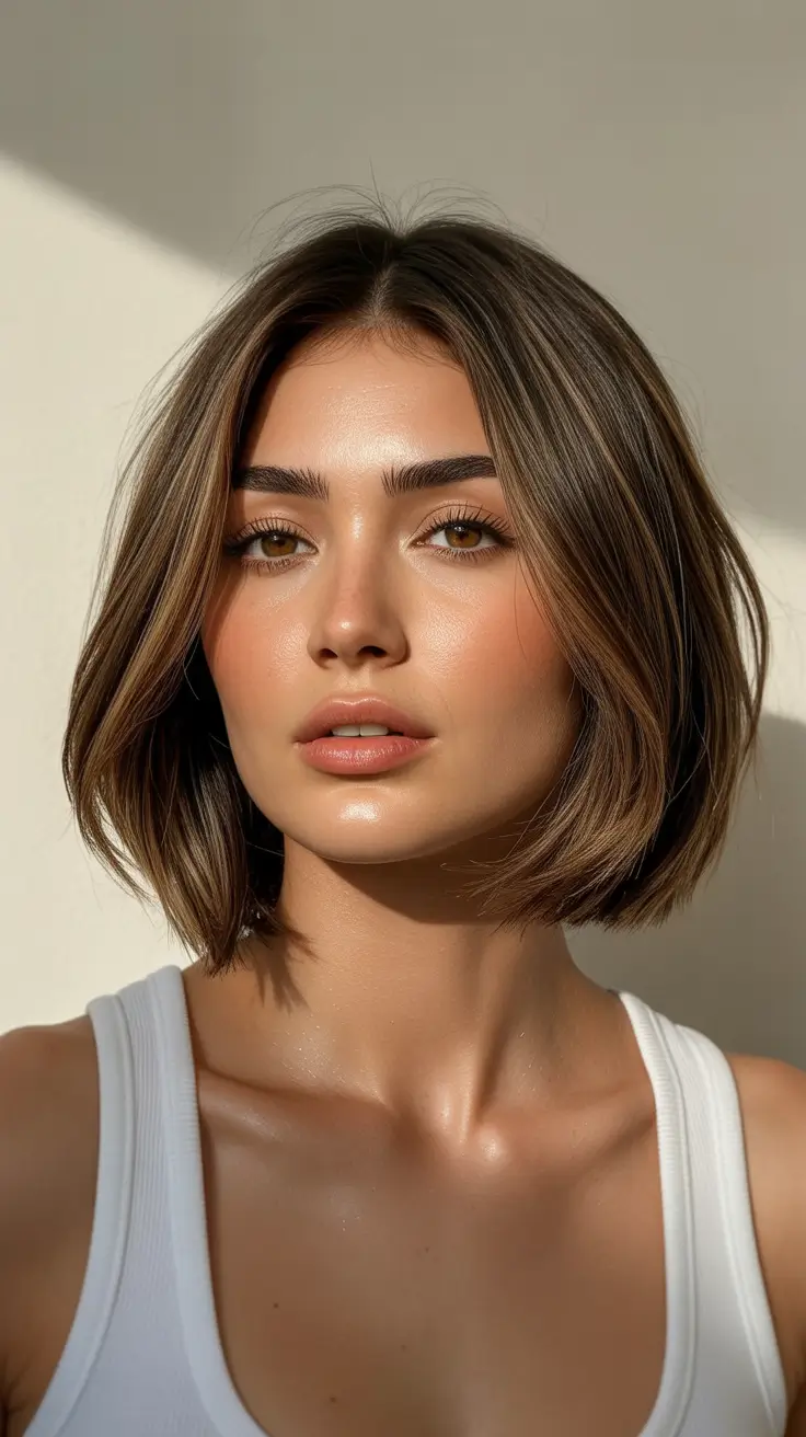 vibrant spring brunette hair color 2026 Sunlit Brunette Bob With Balayage Caramel Highlights