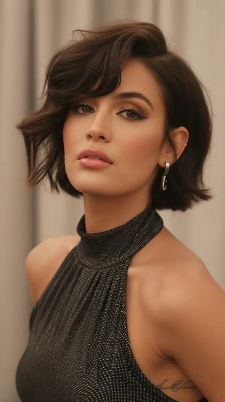 vibrant spring brunette hair color 2026 Short Glam Brunette Bob With Soft Warm Brown Movement