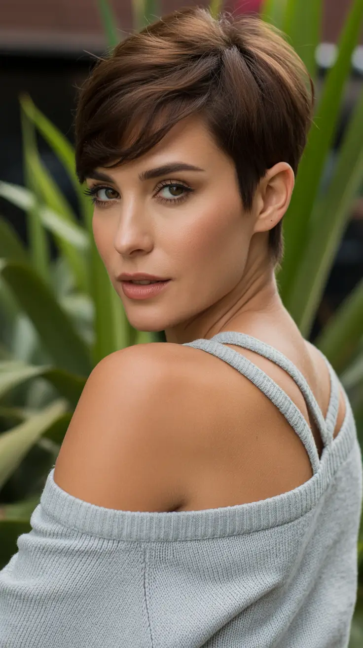vibrant spring brunette hair color 2026 Modern Short Brunette Pixie With Dimensional Highlights