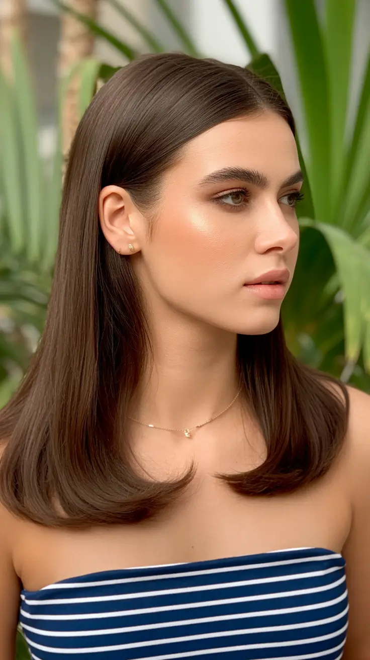vibrant spring brunette hair color 2026 Polished Straight Brunette With Cool Glossy Dimension