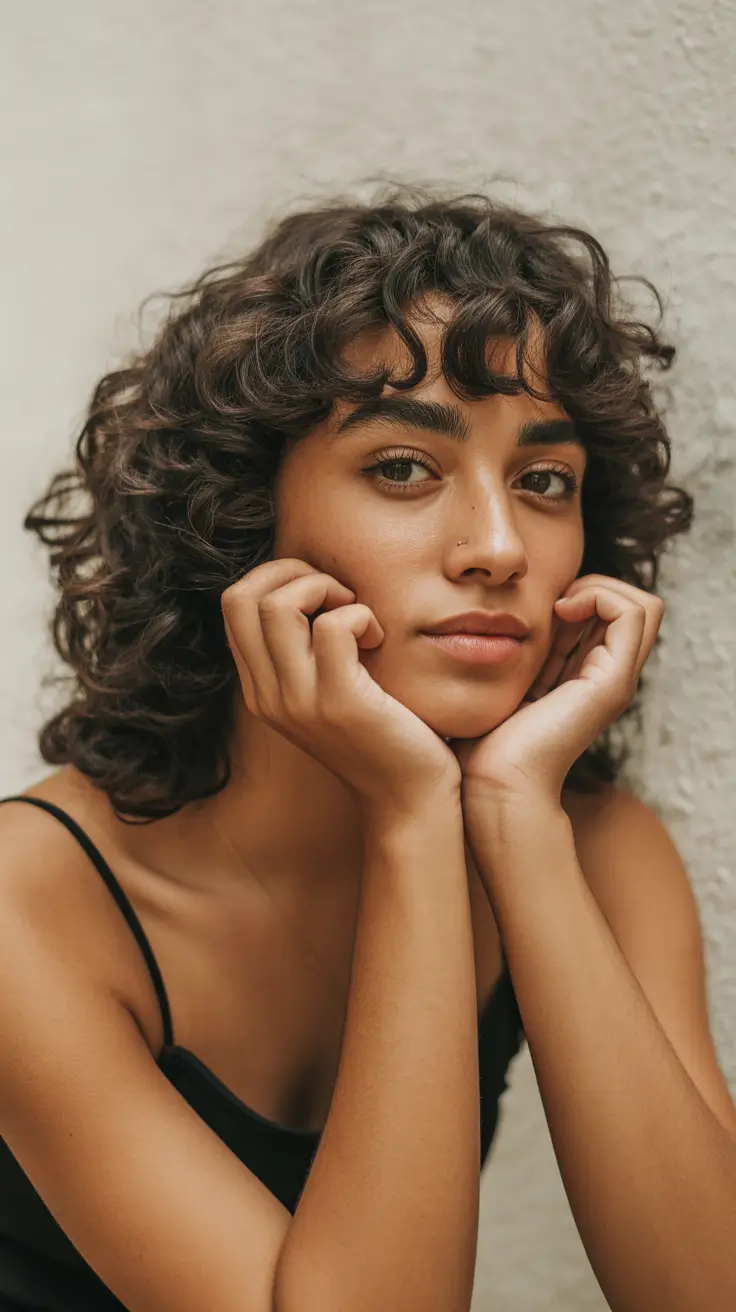 vibrant spring brunette hair color 2026 Playful Curly Brunette With Airy Bangs and Natural Spring Texture