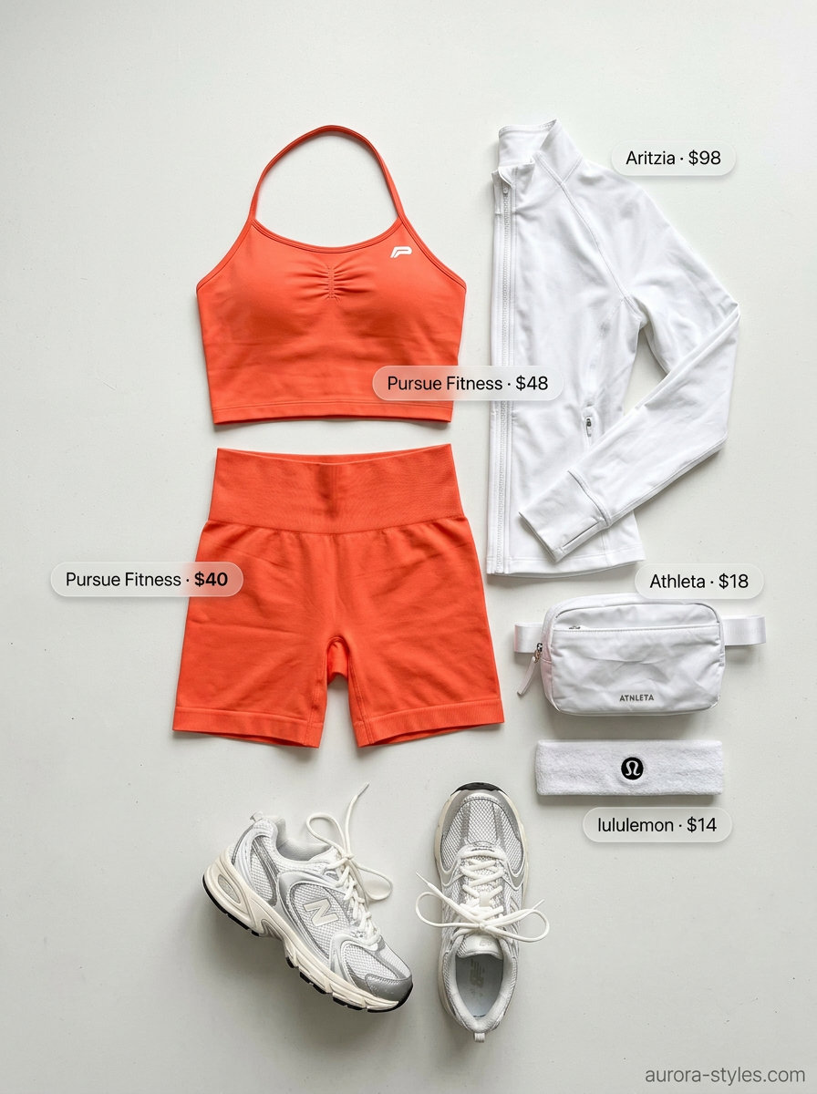 Active Comfort athleisure biker shorts outfits summer for women 2026: coral set, white jacket, and metallic sneakers.