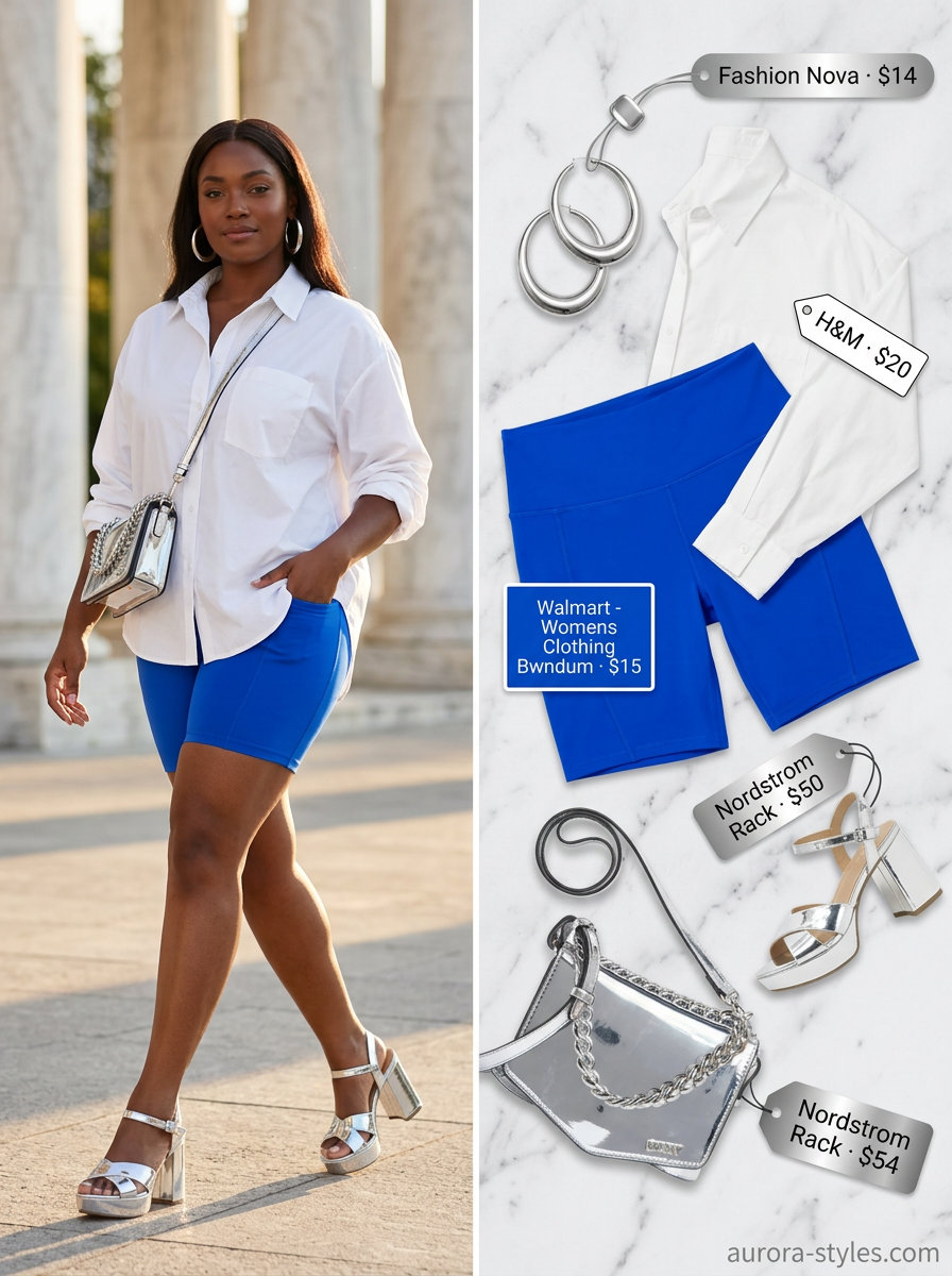 Bold & Bright athleisure biker shorts outfits summer for women 2026: electric blue biker shorts, white shirt, and metallic sandals.