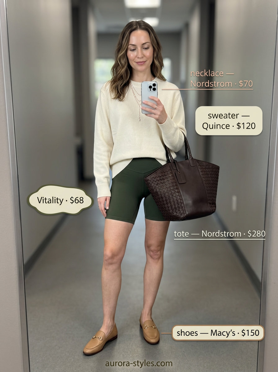 Elevated athleisure biker shorts outfits summer for women 2026: cashmere sweater, olive biker shorts, leather loafers, and tote bag.