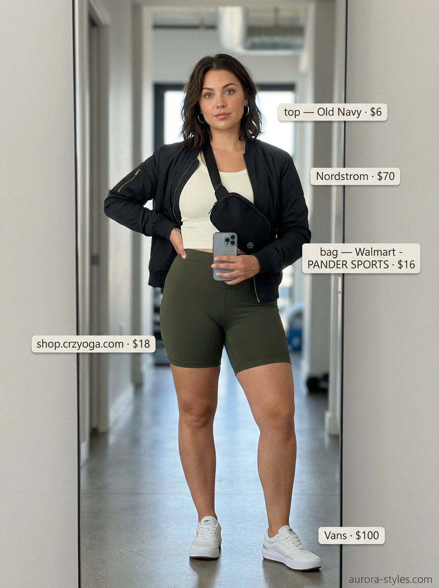 Sporty Chic athleisure biker shorts outfits summer for women 2026: olive biker shorts, cropped tee, bomber jacket, and athletic sneakers.