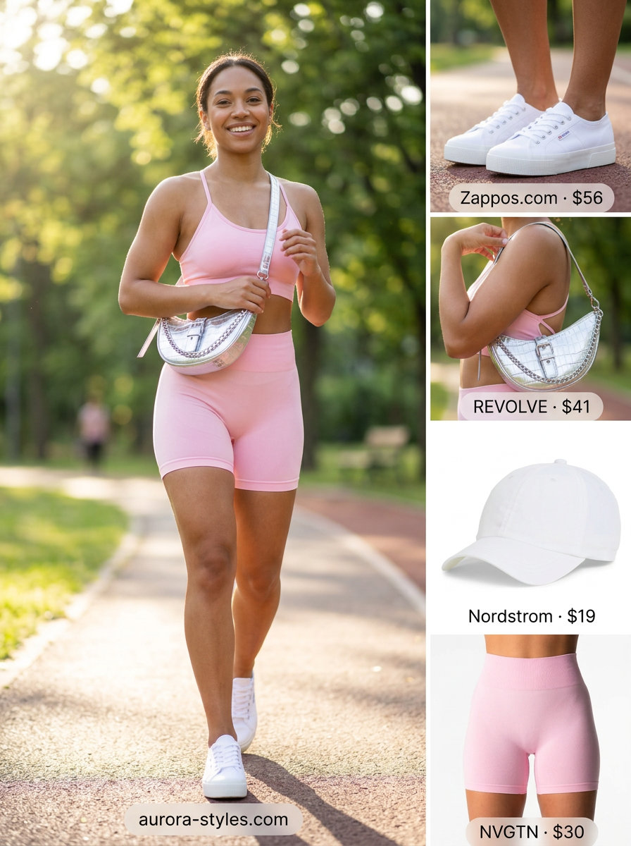 Sporty & Sweet athleisure biker shorts outfits summer for women 2026: baby pink set, cap, and platform sneakers.