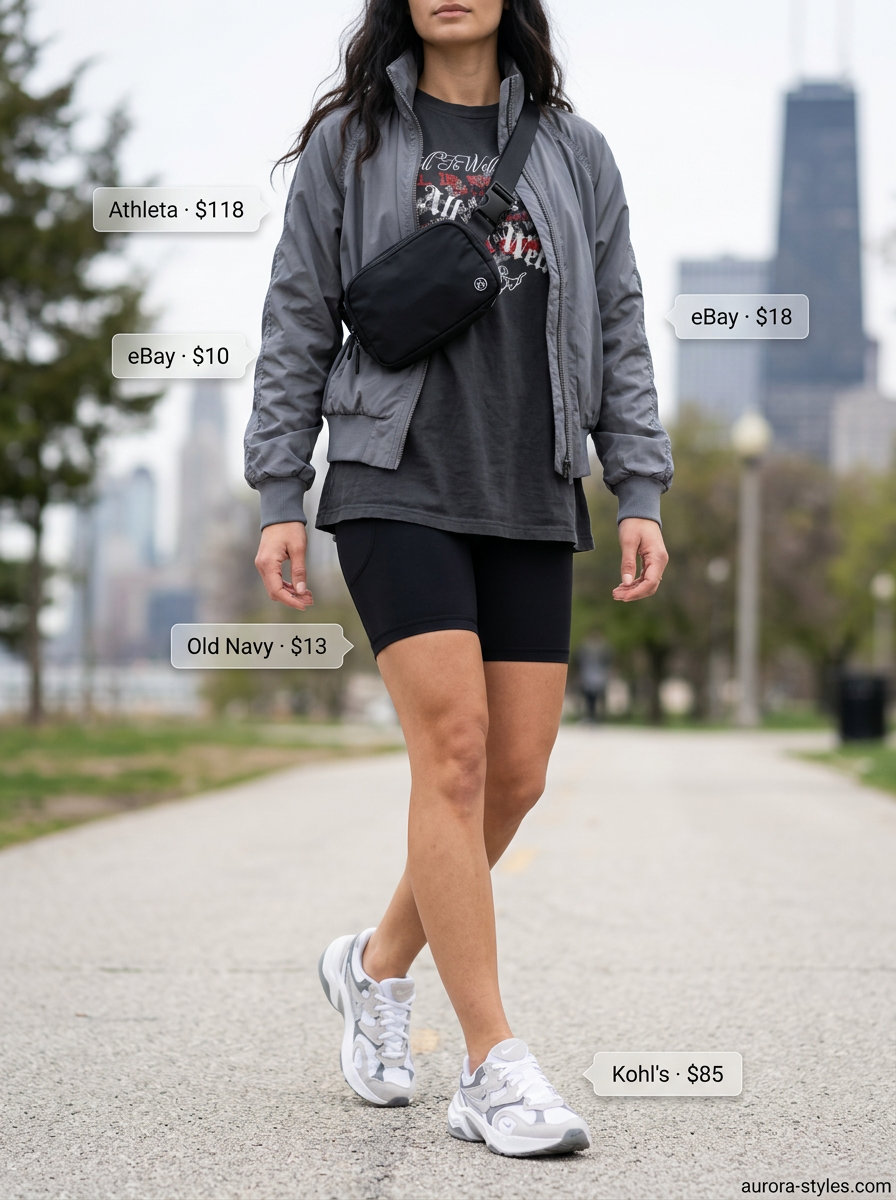 Urban Explorer athleisure biker shorts outfits summer for women 2026: oversized graphic tee, bomber jacket, biker shorts, and chunky sneakers.